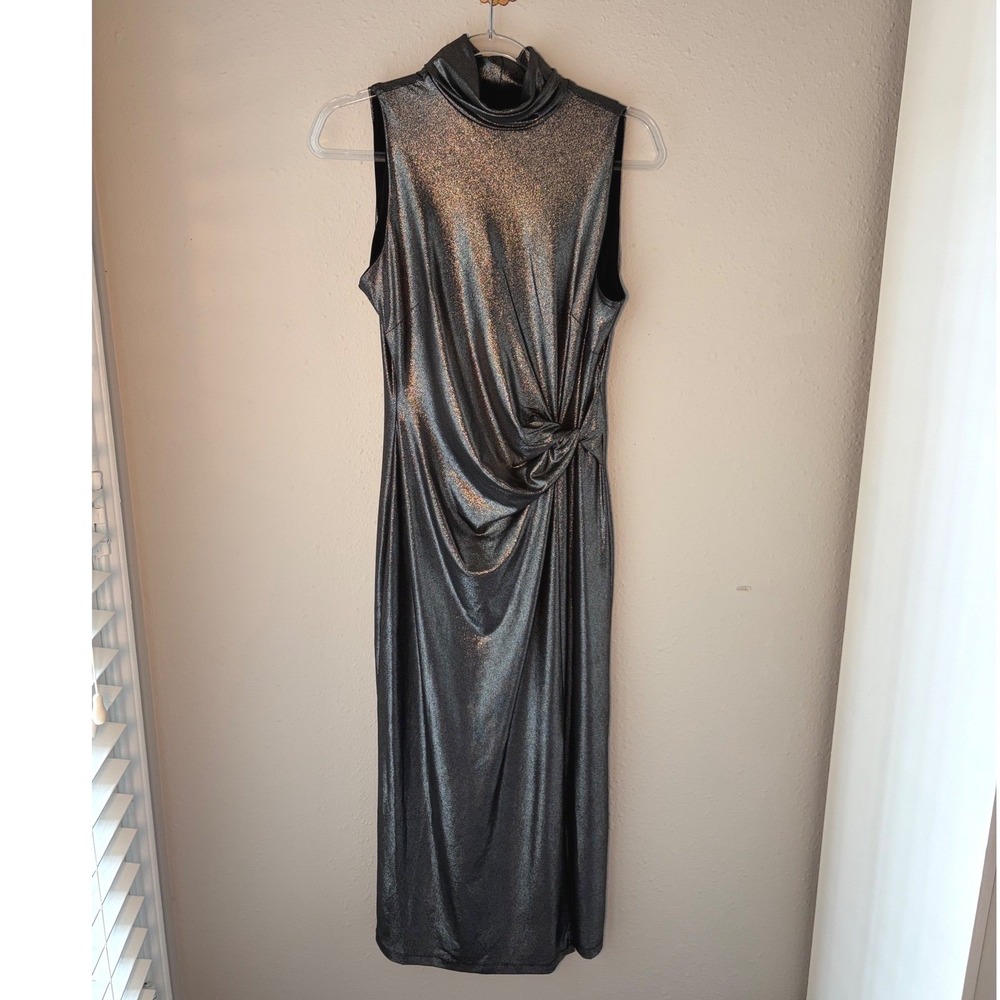 Harper Rose Metallic Silver Turtleneck Side Knot Midi Dress Sleeveless 4